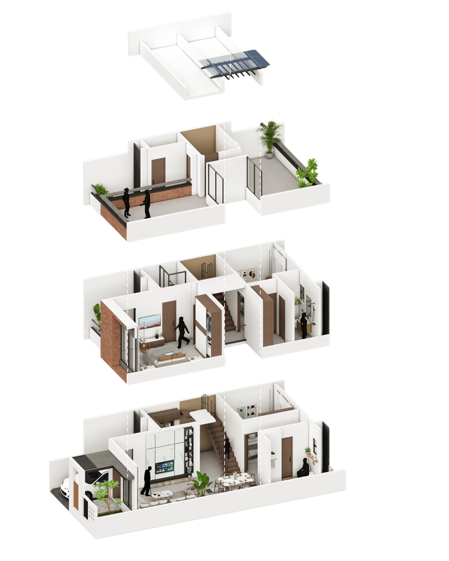 18 Aangan row house — floor-wise cut section